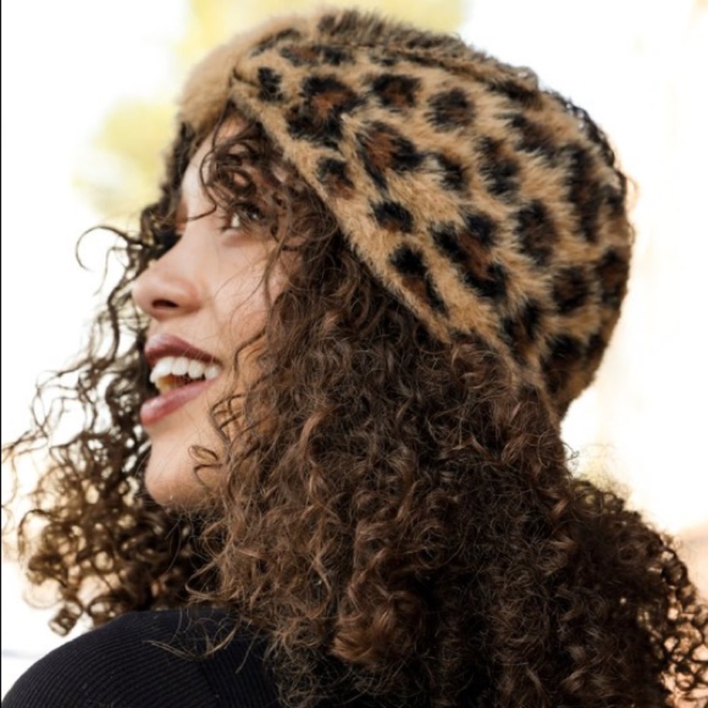 Camel Faux Mohair Leopard Print Bow Head Wrap